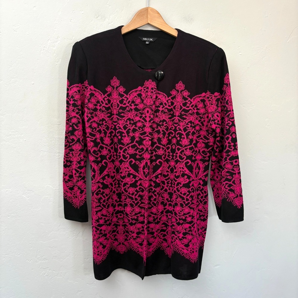 Misook Knit Cardigan Women Size Large Black Pink Lace Print Long Sleeve